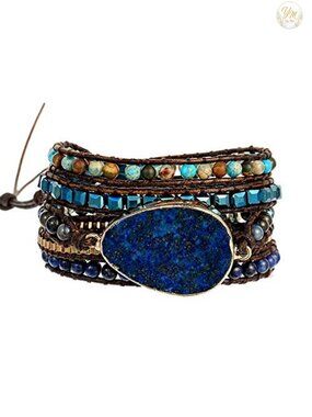 Leather Wrap Bracelet with Natural Stone Crystals Adjustable 36-inch Boho